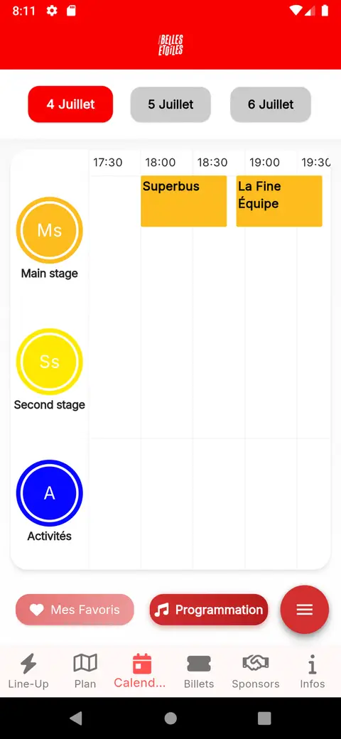 Application Belles Étoiles — Grille horaire par scène et par jour