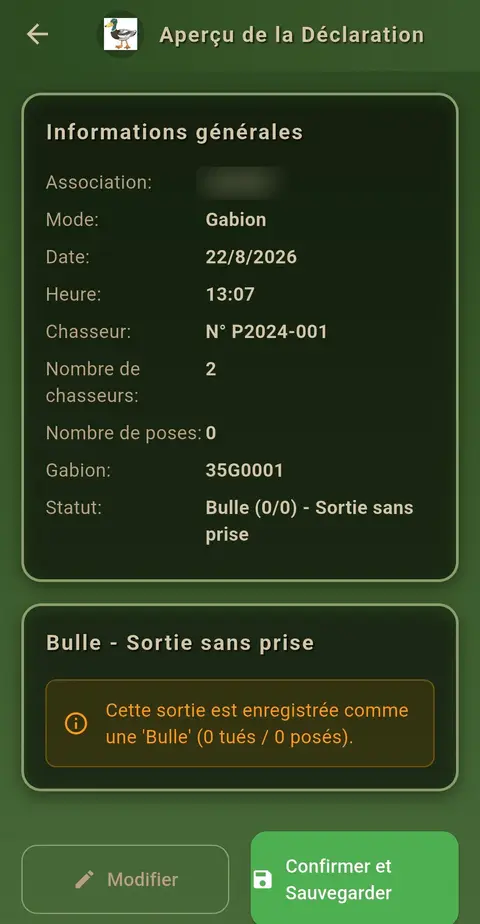 Application HuntMigo — Aperçu et confirmation de la déclaration