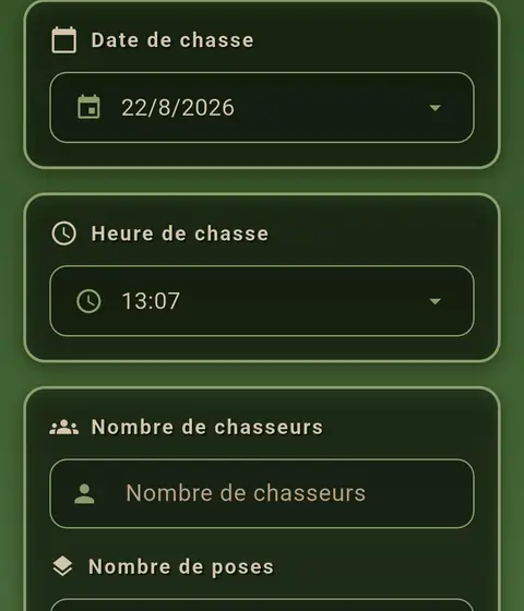 Application HuntMigo — Déclaration de chasse : date, heure, nombre de chasseurs