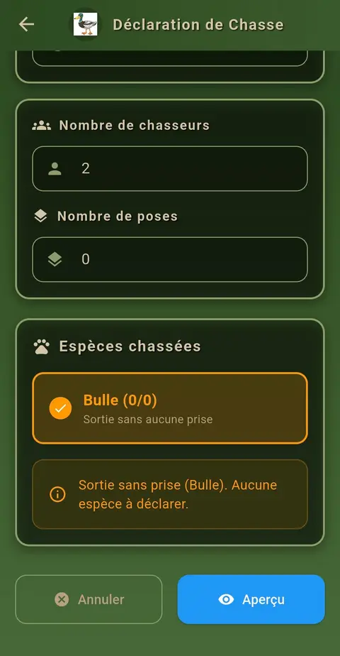 Application HuntMigo — Espèces chassées, y compris la sortie sans prise